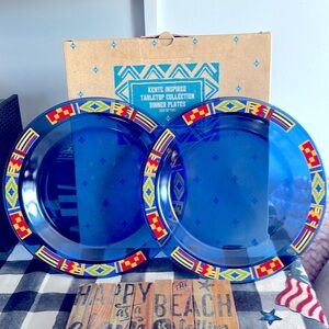 2 cobalt blue dinner plates by Avon. Kente Inspired tabletop collection.
